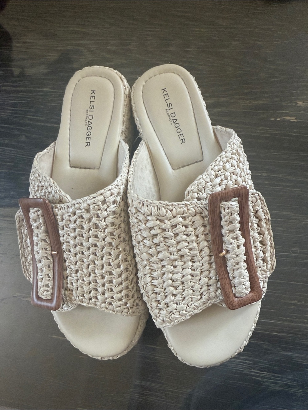 Kelsi Dagger Cream Woven Slide Mules with Wood-Tone Buckle